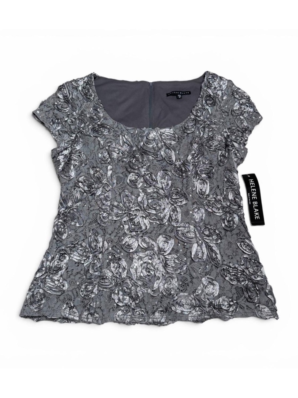 NWT Vintage Helene Blake Silver Embroided Lace + Roses Evening Top
